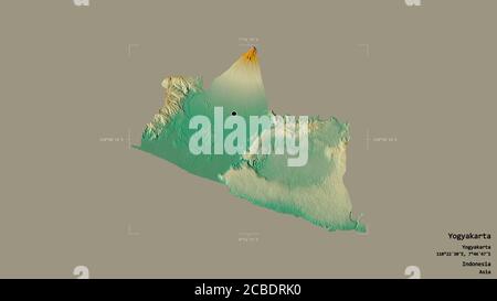 Gebiet von Yogyakarta, spezielle Region von Indonesien, isoliert auf einem soliden Hintergrund in einem georeferenzierten Begrenzungsrahmen. Beschriftungen. Topografische Reliefkarte. 3D-RE Stockfoto