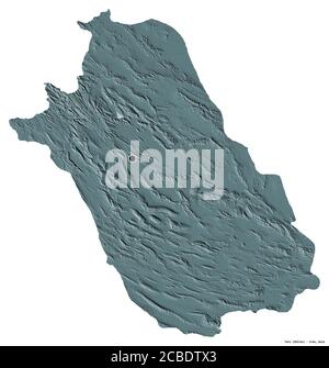 Form von Fars, Provinz Iran, mit seiner Hauptstadt isoliert auf weißem Hintergrund. Farbige Höhenkarte. 3D-Rendering Stockfoto