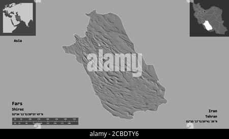 Form von Fars, Provinz Iran, und seine Hauptstadt. Entfernungsskala, Vorschauen und Beschriftungen. Höhenkarte mit zwei Ebenen. 3D-Rendering Stockfoto