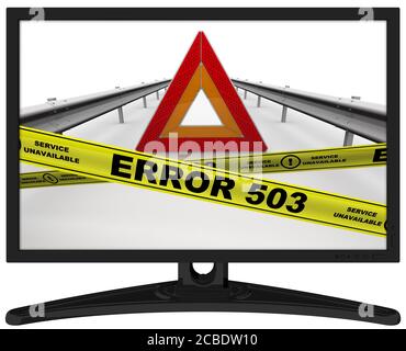 Not-aus-Schild eines Fahrzeugs auf der Fahrbahn und gelbe Warnbänder mit der Aufschrift „ERROR 503“ (Service nicht verfügbar) auf dem Display. Stockfoto