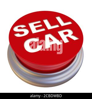 Mietwagen verkaufen. Eine rote Taste mit weißem Text - VERKAUFEN AUTO isoliert auf weißem Hintergrund. 3D-Illustration Stockfoto