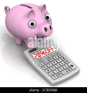 Rabatt von zwanzig Prozentsätzen. Fröhliche Sparschwein in Form von rosa Schwein und ein Rechner mit Text 20% OFF. Schnäppchen. 3D-Illustration Stockfoto
