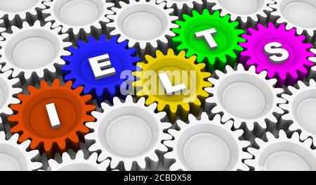 IELTS. Abkürzung auf den Zahnrädern. Die Abkürzung IELTS (International English Language Testing System) steht auf bunten Zahnrädern. 3D-Illustration Stockfoto