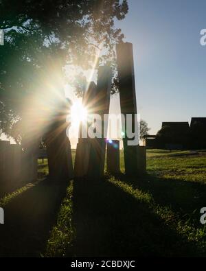 Die Sonne scheint durch die Holzpfähle mit dem Starburst am Milford Beach in Auckland. Stockfoto