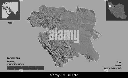 Form von Kordestan, Provinz Iran, und seine Hauptstadt. Entfernungsskala, Vorschauen und Beschriftungen. Höhenkarte mit zwei Ebenen. 3D-Rendering Stockfoto