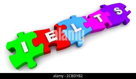 IELTS. Inschrift auf den bunten Puzzles. Die Abkürzung IELTS über bunte Rätsel. 3D-Illustration Stockfoto