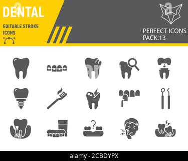 Dental Glyphe Icon Set, Zahnmedizin Sammlung, Vektor-Skizzen, Logo Illustrationen, Kieferorthopädie Symbole, Stomatologie Klinik Zeichen solide Piktogramme Stock Vektor