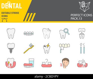 Dental Color Line Icon Set, Zahnmedizin Sammlung, Vektor-Skizzen, Logo Illustrationen, Kieferorthopädie Symbole, Stomatologie Klinik Zeichen gefüllt Umriss Stock Vektor