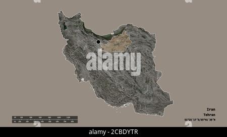 Entsättigte Form des Iran mit seiner Hauptstadt, Hauptregionalteilung und dem abgetrennten Semnan-Gebiet. Beschriftungen. Satellitenbilder. 3D-Rendering Stockfoto