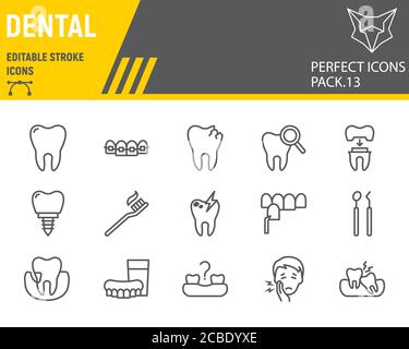 Dental Line Icon Set, Zahnmedizin Sammlung, Vektor-Skizzen, Logo Illustrationen, Kieferorthopädie Symbole, Stomatologie Klinik Zeichen linearen Piktogramme Stock Vektor