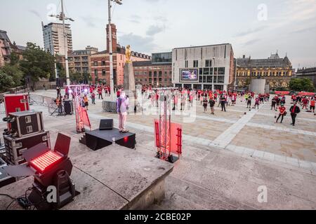 Ein Protest in Leeds im Rahmen von WeMakeEvents, um das Bewusstsein für die Notlage der Live-Events-Branche während der COVID-19-Pandemie zu schärfen. Stockfoto