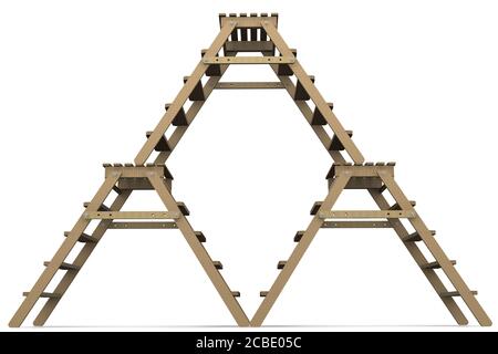 Holztreppen. Drei Stufenleiter isoliert auf einer weißen Oberfläche. 3D-Illustration Stockfoto