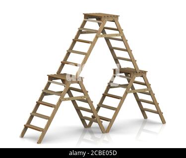 Holztreppen. Drei Stufenleiter isoliert auf einer weißen Oberfläche. 3D-Illustration Stockfoto