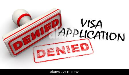 Visa-Antrag abgelehnt. Verweigerung eines Visums. Der rote Stempel und der rote Aufdruck AUF weißer Oberfläche mit schwarzem Text VISA-ANTRAG verweigert. 3D-Illustration Stockfoto