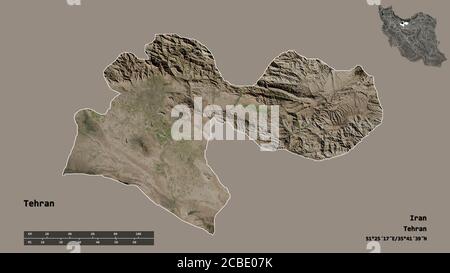 Form von Teheran, Provinz Iran, mit seiner Hauptstadt isoliert auf festem Hintergrund. Entfernungsskala, Regionenvorschau und Beschriftungen. Satellitenbilder. 3D ren Stockfoto