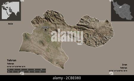 Form von Teheran, Provinz Iran, und seine Hauptstadt. Entfernungsskala, Vorschauen und Beschriftungen. Satellitenbilder. 3D-Rendering Stockfoto