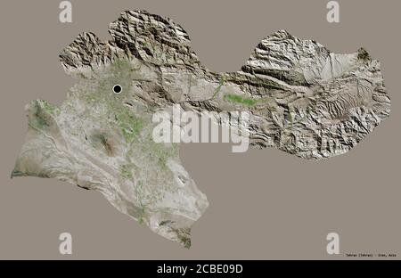 Form von Teheran, Provinz Iran, mit seiner Hauptstadt isoliert auf einem einfarbigen Hintergrund. Satellitenbilder. 3D-Rendering Stockfoto