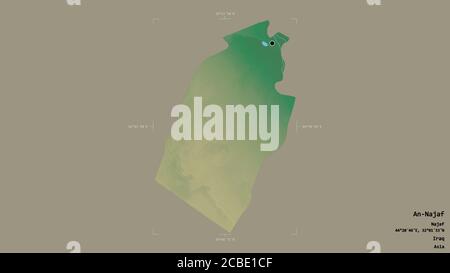 Gebiet von an-Najaf, Provinz Irak, isoliert auf einem soliden Hintergrund in einem georeferenzierten Begrenzungsrahmen. Beschriftungen. Topografische Reliefkarte. 3D-Rendering Stockfoto