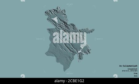 Gebiet von As-Sulaymaniyah, Provinz Irak, isoliert auf einem soliden Hintergrund in einer georeferenzierten Begrenzungsbox. Beschriftungen. Farbige Höhenkarte. 3D-Rendering Stockfoto