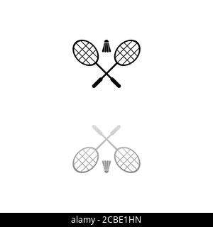 Badminton. Schwarzes Symbol auf weißem Hintergrund. Einfache Illustration. Flacher Vektor. Spiegelreflexionsschatten. Kann in Logo, Web, Mobile und UI verwendet werden Stock Vektor