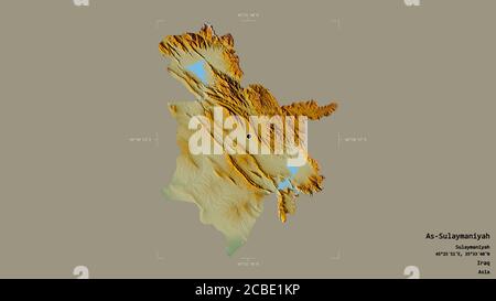 Gebiet von As-Sulaymaniyah, Provinz Irak, isoliert auf einem soliden Hintergrund in einer georeferenzierten Begrenzungsbox. Beschriftungen. Topografische Reliefkarte. 3D-Renderin Stockfoto