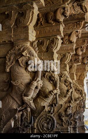 Berühmte Skulpturen, Srivilliputhur Andal Tempel, Tamil Nadu, ist berühmt für seine Dravidian-Stil Hindu-Tempel. Ein Land des kulturellen und religiösen Erbes Stockfoto