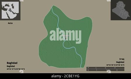 Form von Bagdad, Provinz Irak, und seine Hauptstadt. Entfernungsskala, Vorschauen und Beschriftungen. Topografische Reliefkarte. 3D-Rendering Stockfoto