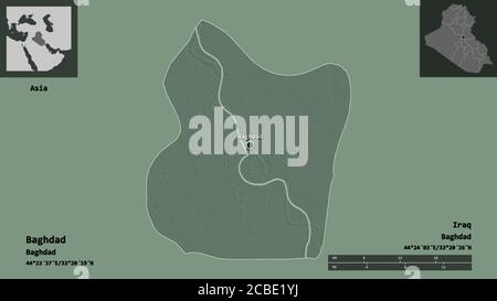 Form von Bagdad, Provinz Irak, und seine Hauptstadt. Entfernungsskala, Vorschauen und Beschriftungen. Farbige Höhenkarte. 3D-Rendering Stockfoto