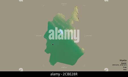 Gebiet von Diyala, Provinz Irak, isoliert auf einem soliden Hintergrund in einem georeferenzierten Begrenzungsrahmen. Beschriftungen. Topografische Reliefkarte. 3D-Rendering Stockfoto