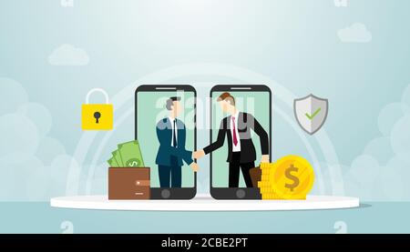 Mobile Deal-Konzept mit Geschäftsmann Handshake mit Geld und Sicherheit Kontrakt mit modernem flachen Stil Stock Vektor