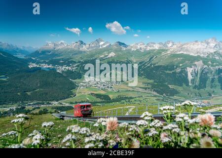 Rote Standseilbahn bergauf über die grünen Wiesen im Sommer, Muottas Muragl, Kanton Graubünden, Engadin, Schweiz Stockfoto