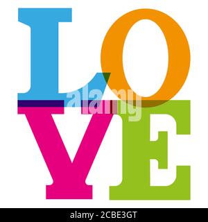 Wort "LIEBE" mit bunten Buchstaben isoliert auf weißem Hintergrund Stockfoto