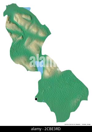 Form von Leitrim, Grafschaft Irland, mit seiner Hauptstadt isoliert auf weißem Hintergrund. Topografische Reliefkarte. 3D-Rendering Stockfoto