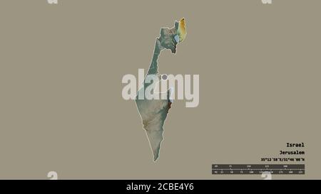 Entsättigte Form von Israel mit seiner Hauptstadt, der wichtigsten regionalen Teilung und dem abgetrennten Golan-Gebiet. Beschriftungen. Topografische Reliefkarte. 3D-Rendering Stockfoto