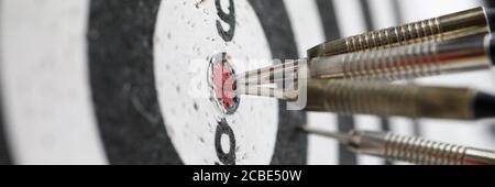 Metallabnäher, die in einem Dartboard-Ziel hervorstechen Stockfoto