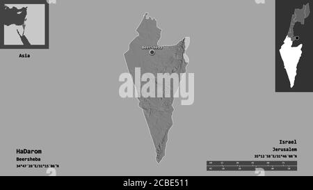 Form von HaDarom, Bezirk von Israel, und seine Hauptstadt. Entfernungsskala, Vorschauen und Beschriftungen. Höhenkarte mit zwei Ebenen. 3D-Rendering Stockfoto