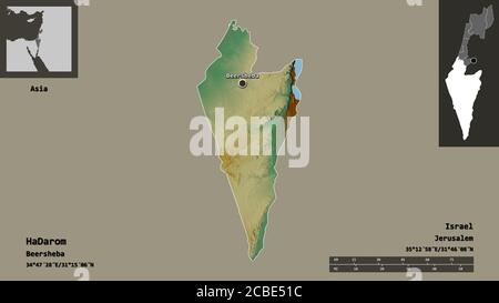 Form von HaDarom, Bezirk von Israel, und seine Hauptstadt. Entfernungsskala, Vorschauen und Beschriftungen. Topografische Reliefkarte. 3D-Rendering Stockfoto
