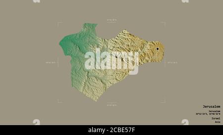 Bereich von Jerusalem, Bezirk von Israel, isoliert auf einem soliden Hintergrund in einem georeferenzierten Begrenzungsrahmen. Beschriftungen. Topografische Reliefkarte. 3D-Rendering Stockfoto