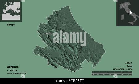 Form der Abruzzen, Region von Italien, und seine Hauptstadt. Entfernungsskala, Vorschauen und Beschriftungen. Farbige Höhenkarte. 3D-Rendering Stockfoto