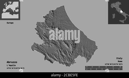 Form der Abruzzen, Region von Italien, und seine Hauptstadt. Entfernungsskala, Vorschauen und Beschriftungen. Höhenkarte mit zwei Ebenen. 3D-Rendering Stockfoto