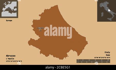 Form der Abruzzen, Region von Italien, und seine Hauptstadt. Entfernungsskala, Vorschauen und Beschriftungen. Komposition von gemusterten Texturen. 3D-Rendering Stockfoto