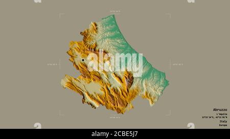 Gebiet der Abruzzen, Region Italien, isoliert auf einem soliden Hintergrund in einem georeferenzierten Begrenzungsrahmen. Beschriftungen. Topografische Reliefkarte. 3D-Rendering Stockfoto