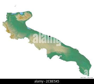 Form von Apulien, Region von Italien, mit seiner Hauptstadt isoliert auf weißem Hintergrund. Topografische Reliefkarte. 3D-Rendering Stockfoto