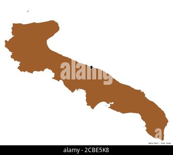 Form von Apulien, Region von Italien, mit seiner Hauptstadt isoliert auf weißem Hintergrund. Komposition von gemusterten Texturen. 3D-Rendering Stockfoto