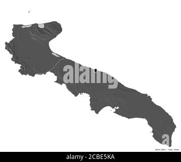 Form von Apulien, Region von Italien, mit seiner Hauptstadt isoliert auf weißem Hintergrund. Höhenkarte mit zwei Ebenen. 3D-Rendering Stockfoto