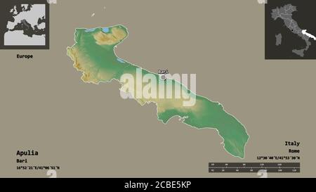 Form von Apulien, Region von Italien, und seine Hauptstadt. Entfernungsskala, Vorschauen und Beschriftungen. Topografische Reliefkarte. 3D-Rendering Stockfoto