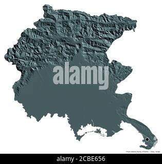 Form von Friaul-Julisch Venetien, autonome Region Italiens, mit seiner Hauptstadt auf weißem Hintergrund isoliert. Farbige Höhenkarte. 3D-Rendering Stockfoto