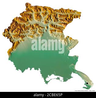 Form von Friaul-Julisch Venetien, autonome Region Italiens, mit seiner Hauptstadt auf weißem Hintergrund isoliert. Topografische Reliefkarte. 3D-Rendering Stockfoto