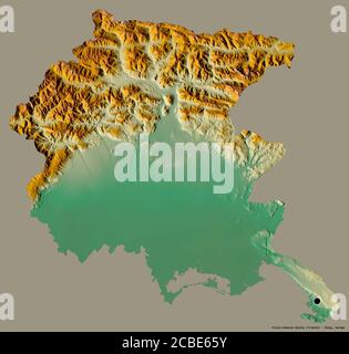 Form von Friaul-Julisch Venetien, autonome Region Italiens, mit seiner Hauptstadt auf einem einfarbigen Hintergrund isoliert. Topografische Reliefkarte. 3D-Renderin Stockfoto