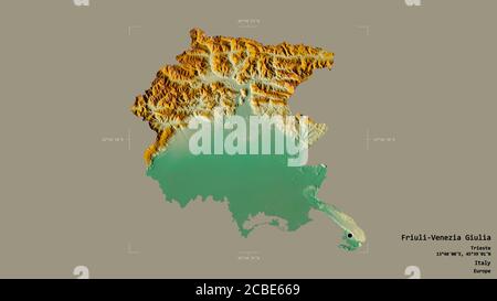 Gebiet Friaul-Julisch Venetien, autonome Region Italien, isoliert auf einem soliden Hintergrund in einem georeferenzierten Begrenzungsrahmen. Beschriftungen. Topografisches Relief Stockfoto